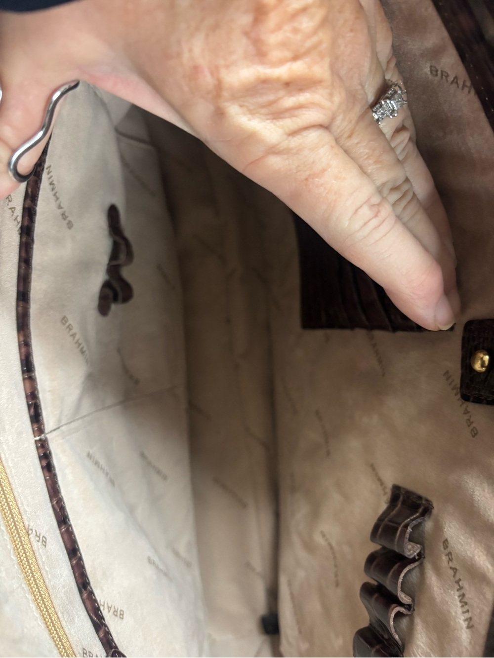 Brahmin Croc-Embossed Satchel in Beige and Dark Brown with Yellow Trim - Picture 4 of 16